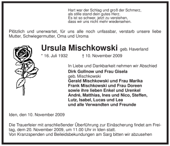 Traueranzeige von Ursula Mischkowski von ALLGEMEINE ZEITUNG UELZEN