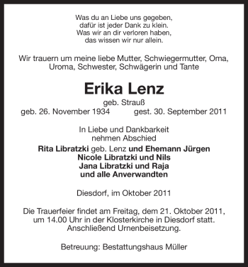 Traueranzeige von Erika Lenz von ALLGEMEINE ZEITUNG UELZEN