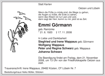 Traueranzeige von Emmi Görmann von ALLGEMEINE ZEITUNG UELZEN
