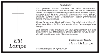 Traueranzeige von Elli Lampe von ALLGEMEINE ZEITUNG UELZEN