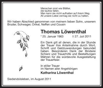 Traueranzeige von Thomas Löwenthal von ALLGEMEINE ZEITUNG UELZEN