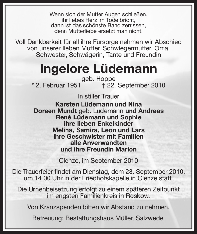  Traueranzeige für Ingelore Lüdemann vom 24.09.2010 aus ALLGEMEINE ZEITUNG UELZEN