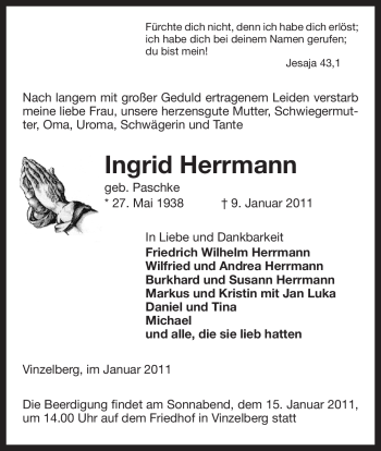 Traueranzeige von Ingrid Herrmann von ALLGEMEINE ZEITUNG UELZEN