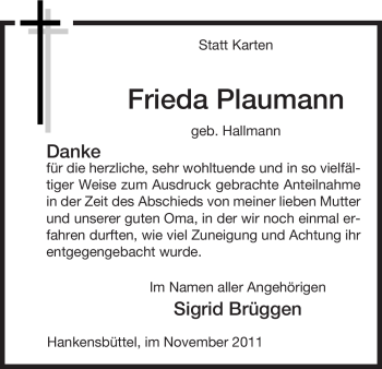 Traueranzeige von Frieda Plaumann von ALLGEMEINE ZEITUNG UELZEN