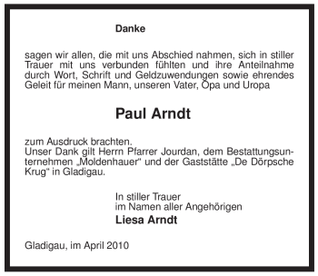 Traueranzeige von Paul Arndt von ALLGEMEINE ZEITUNG UELZEN