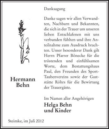 Traueranzeige von Hermann Behn von ALLGEMEINE ZEITUNG UELZEN