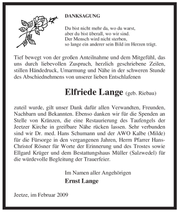 Traueranzeige von Elfriede Lange von ALLGEMEINE ZEITUNG UELZEN