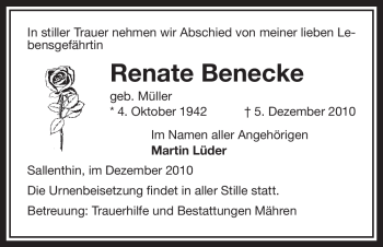 Traueranzeige von Renate Benecke von ALLGEMEINE ZEITUNG UELZEN