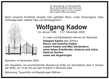 Traueranzeige von Wolfgang Kadow von ALLGEMEINE ZEITUNG UELZEN