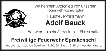 Traueranzeige von Adolf Bauck von ALLGEMEINE ZEITUNG UELZEN