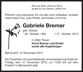 Traueranzeige von Gabriele Bremer von ALLGEMEINE ZEITUNG UELZEN