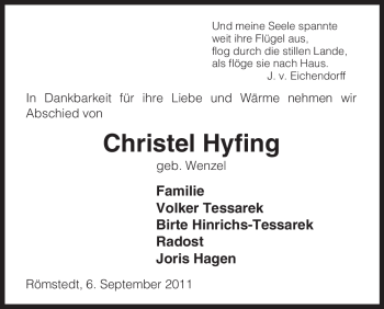 Traueranzeige von Christel Hyfing von ALLGEMEINE ZEITUNG UELZEN