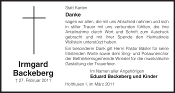 Traueranzeige von Irmgard Backeberg von ALLGEMEINE ZEITUNG UELZEN