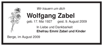 Traueranzeige von Wolfgang Zabel von ALLGEMEINE ZEITUNG UELZEN