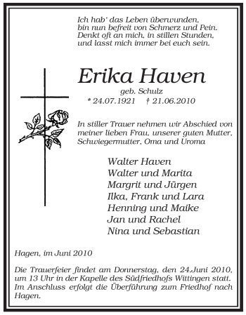 Traueranzeige von Erika Haven von ALLGEMEINE ZEITUNG UELZEN