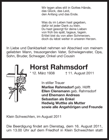 Traueranzeige von Horst Rahmsdorf von ALLGEMEINE ZEITUNG UELZEN