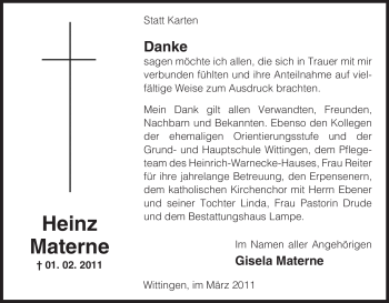 Traueranzeige von Heinz Materne von ALLGEMEINE ZEITUNG UELZEN