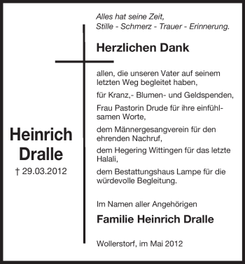 Traueranzeige von Heinrich Dralle von ALLGEMEINE ZEITUNG UELZEN