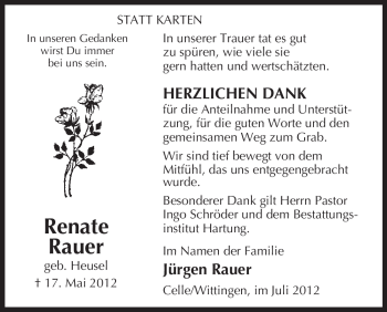 Traueranzeige von Renate Rauer von ALLGEMEINE ZEITUNG UELZEN