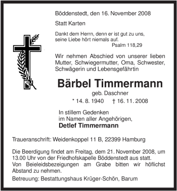 Traueranzeige von Bärbel Timmermann von ALLGEMEINE ZEITUNG UELZEN