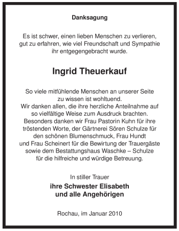 Traueranzeige von Ingrid Theuerkauf von ALLGEMEINE ZEITUNG UELZEN