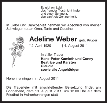 Traueranzeige von Adeline Weber von ALLGEMEINE ZEITUNG UELZEN