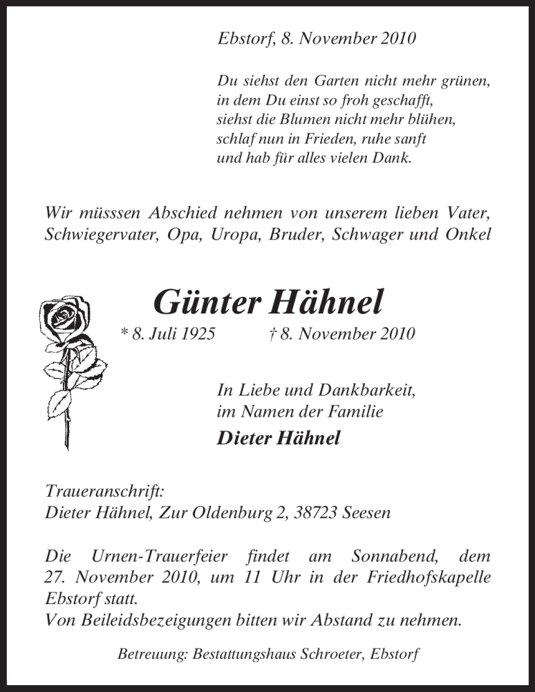  Traueranzeige für Günter Hähnel vom 10.11.2010 aus ALLGEMEINE ZEITUNG UELZEN