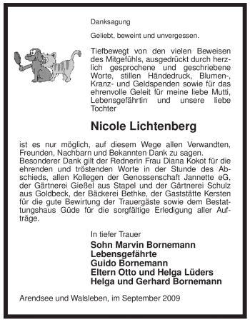 Traueranzeige von Nicole Lichtenberg von ALLGEMEINE ZEITUNG UELZEN