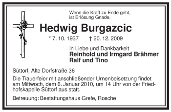 Traueranzeige von Hedwig Burgazcic von ALLGEMEINE ZEITUNG UELZEN