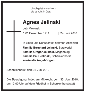 Traueranzeige von Agnes Jelinski von ALLGEMEINE ZEITUNG UELZEN