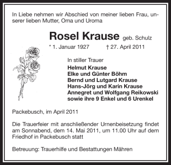 Traueranzeige von Rosel Krause von ALLGEMEINE ZEITUNG UELZEN