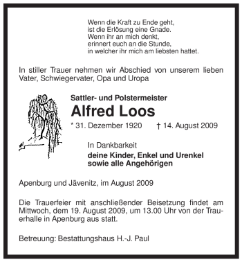 Traueranzeige von Alfred Loos von ALLGEMEINE ZEITUNG UELZEN