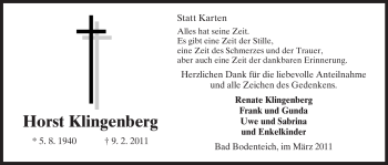 Traueranzeige von Horst Klingenberg von ALLGEMEINE ZEITUNG UELZEN