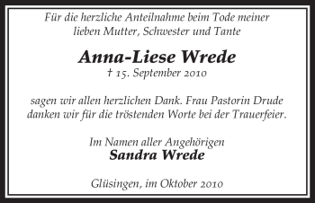 Traueranzeige von Anna-Liese Wrede von ALLGEMEINE ZEITUNG UELZEN