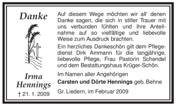 Traueranzeige von Irma Hennings von ALLGEMEINE ZEITUNG UELZEN