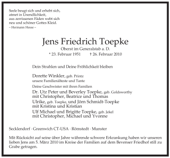 Traueranzeige von Jens Friedrich Toepke von ALLGEMEINE ZEITUNG UELZEN