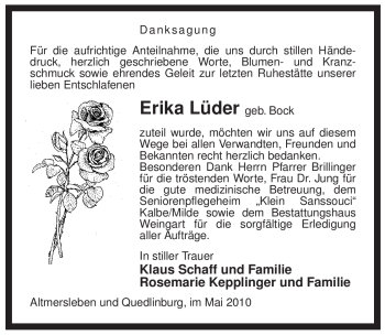 Traueranzeige von Erika Lüder von ALLGEMEINE ZEITUNG UELZEN