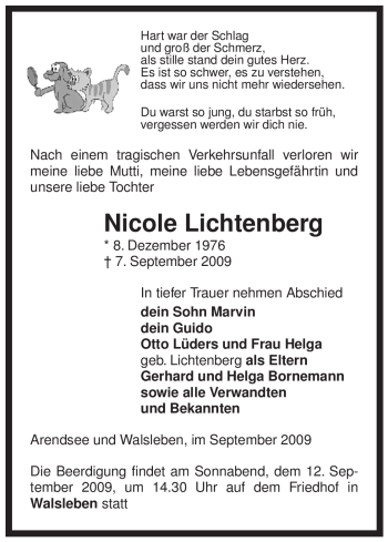 Traueranzeige von Nicole Lichtenberg von ALLGEMEINE ZEITUNG UELZEN