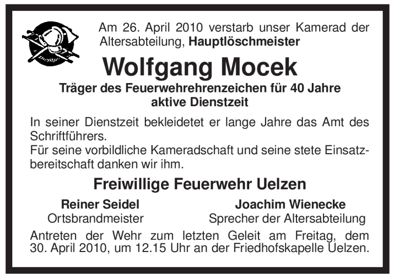  Traueranzeige für Wolfgang Mocek vom 28.04.2010 aus ALLGEMEINE ZEITUNG UELZEN