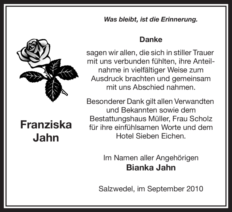  Traueranzeige für Franziska Jahn vom 06.10.2010 aus ALLGEMEINE ZEITUNG UELZEN