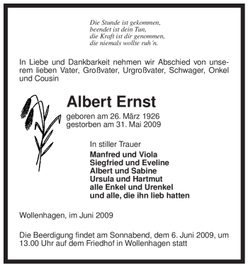 Traueranzeige von Albert Ernst von ALLGEMEINE ZEITUNG UELZEN