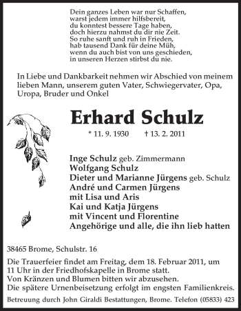 Traueranzeige von Erhard Schulz von ALLGEMEINE ZEITUNG UELZEN