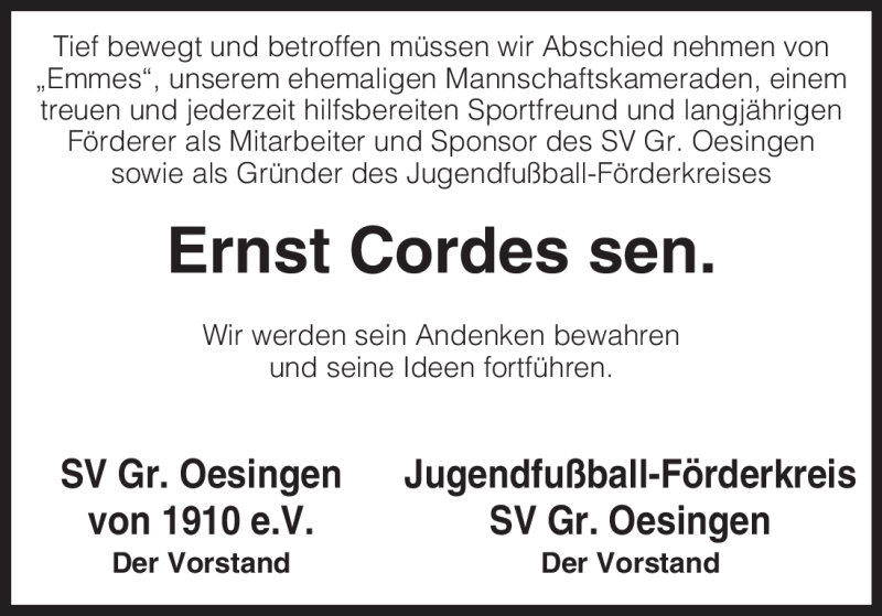  Traueranzeige für Ernst Cordes vom 28.04.2011 aus ALLGEMEINE ZEITUNG UELZEN