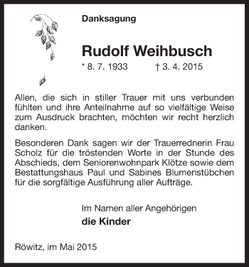 Traueranzeige von Rudolf Weihbusch von Uelzen