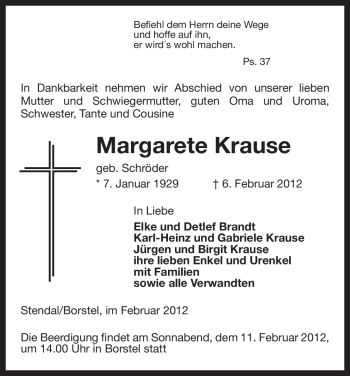 Traueranzeige von Margarete Krause von ALLGEMEINE ZEITUNG UELZEN