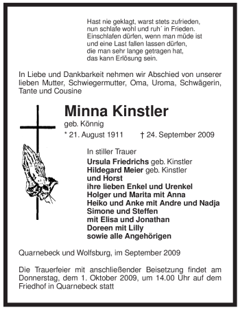 Traueranzeige von Minna Kinstler von ALLGEMEINE ZEITUNG UELZEN