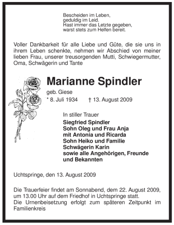 Traueranzeige von Marianne Spindler von ALLGEMEINE ZEITUNG UELZEN