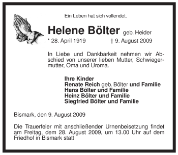 Traueranzeige von Helene Bölter von ALLGEMEINE ZEITUNG UELZEN