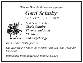 Traueranzeige von Gerd Schulze von ALLGEMEINE ZEITUNG UELZEN