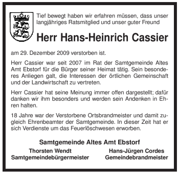 Traueranzeige von Hans-Heinrich Cassier von ALLGEMEINE ZEITUNG UELZEN